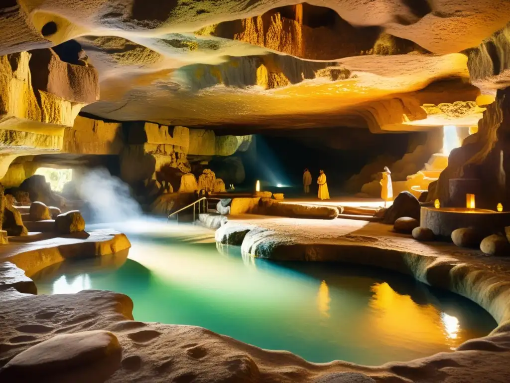 Una pintura vintage de un interior de cueva con aguas termales naturales, antiguas esculturas de piedra y una suave luz dorada