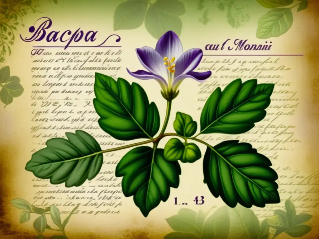 Una ilustración botánica vintage de la planta Bacopa Monnieri en colores ricos y detalles intrincados