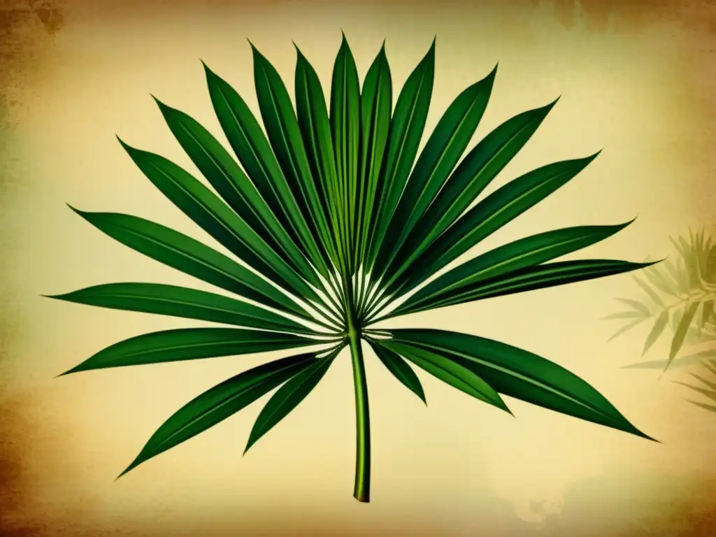 Una ilustración vintage de una planta de saw palmetto, detallando sus frondas y bayas en tonos terrosos