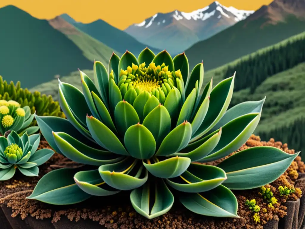 Una ilustración vintage de la planta Rhodiola Rosea en su hábitat natural, con montañas siberianas al fondo