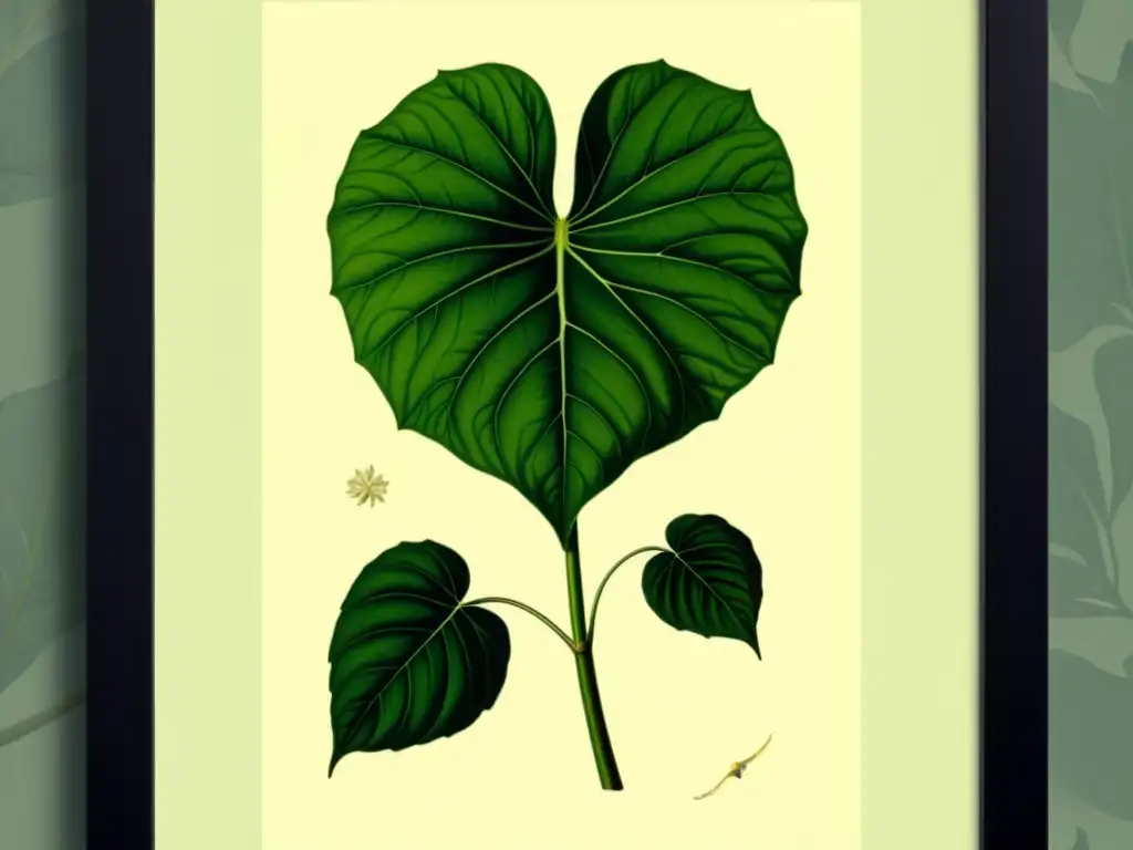 Ilustración vintage de la planta de kava kava con sus hojas en forma de corazón y tallos delgados