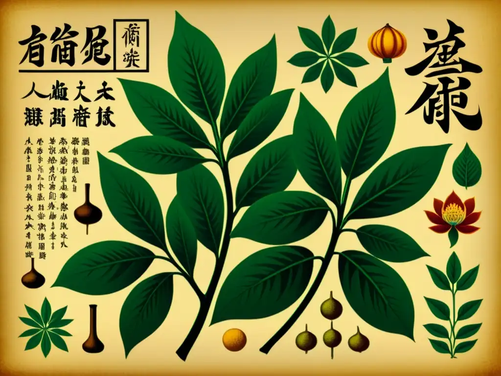 Ilustración vintage de planta medicinal china tóxica, detallada y elegante