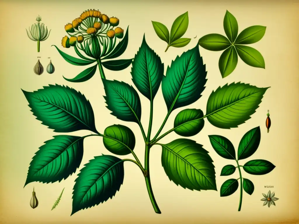 Una ilustración vintage de una planta medicinal con detalles intrincados