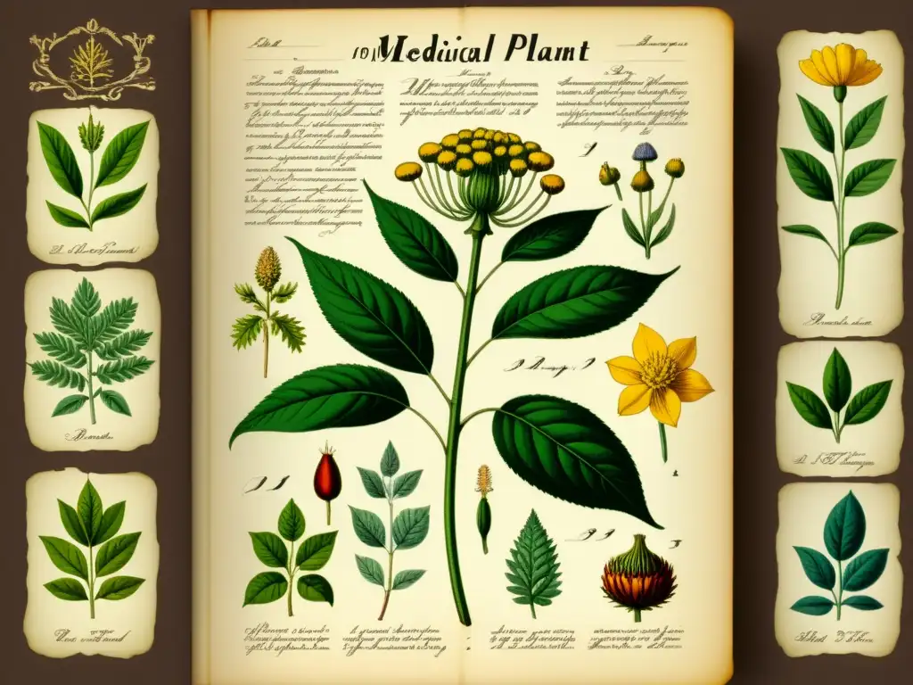 Una ilustración vintage de una planta medicinal con detalles intrincados, colores vibrantes y anotaciones científicas elegantes