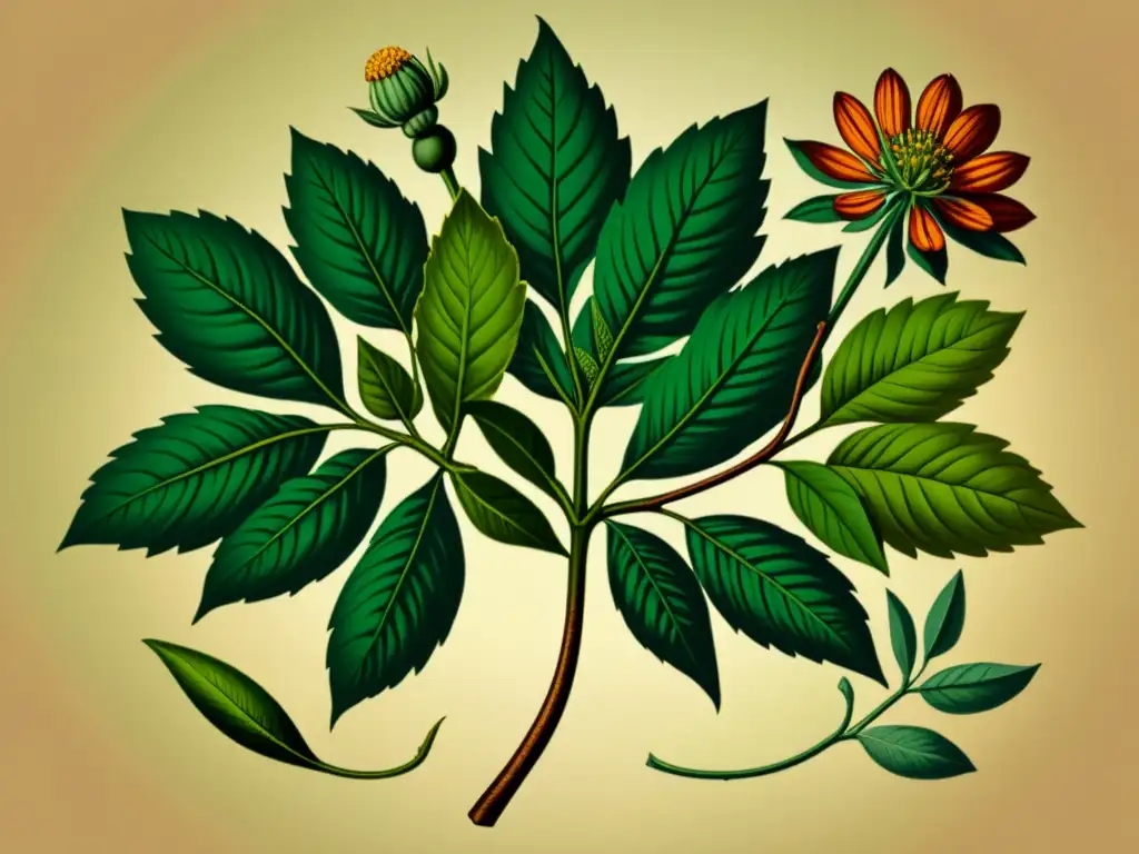 Una ilustración botánica vintage de una planta medicinal tradicional, con detalles intrincados en tonos cálidos y un aspecto ligeramente desvaído