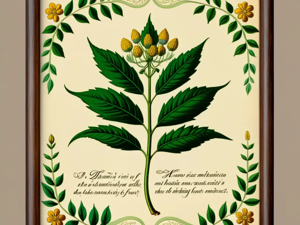 Una ilustración botánica vintage de una planta medicinal tradicional, con detalles intrincados y caligrafía elegante