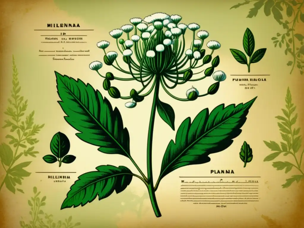 Una ilustración botánica vintage de una planta de milenrama, con flores blancas y hojas verdes, evocando conocimiento medicinal tradicional y experto