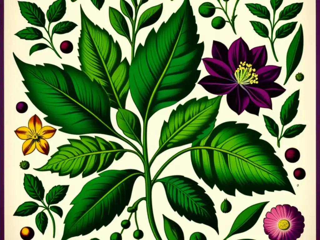 Una ilustración botánica vintage de una planta de pasiflora, con detalles de hojas, flores y zarcillos