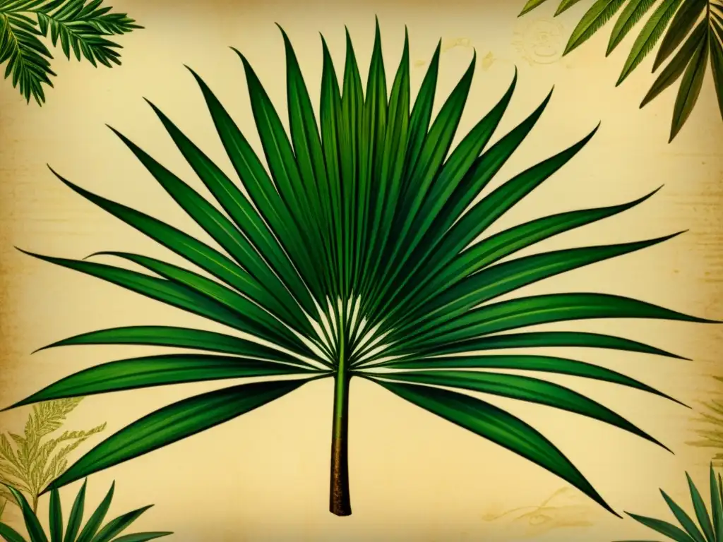 Ilustración vintage de la planta Saw Palmetto con rica textura y caligrafía detallada, evocando sabiduría y beneficios para la salud prostática