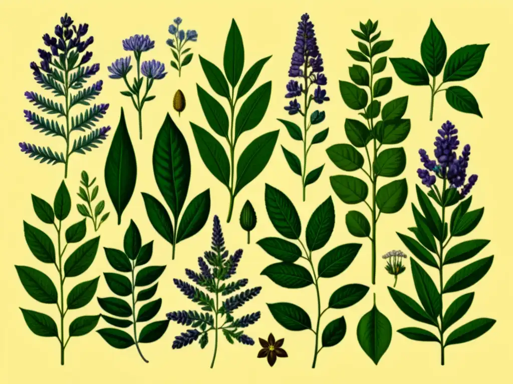 Una ilustración vintage de plantas aromáticas para aceites esenciales, evocando la medicina tradicional y sus beneficios naturales