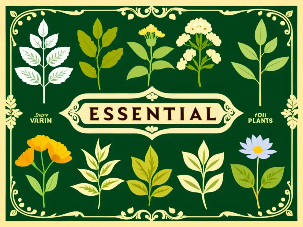 Aromas esenciales: Ilustración vintage de plantas y flores con nombres de aceites esenciales Una ilustración vintage de plantas aromáticas y flores con propiedades y aplicaciones de aceites esenciales