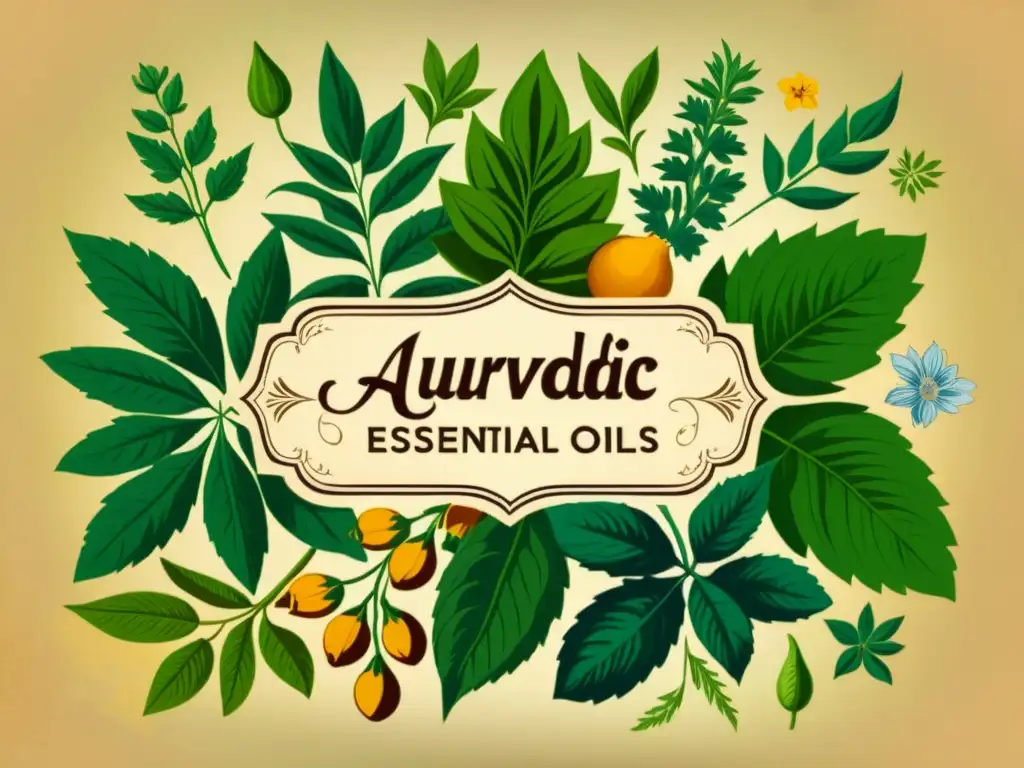 Una ilustración vintage de plantas aromáticas y hierbas utilizadas en beneficios aceites esenciales ayurveda