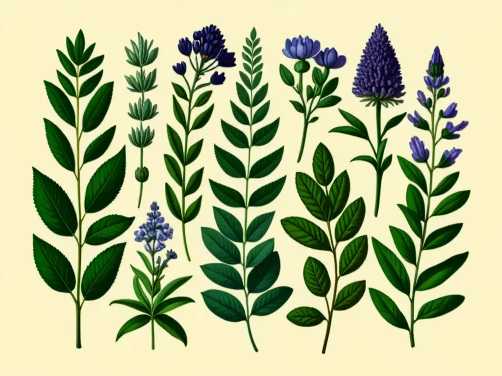 Una ilustración vintage de plantas aromáticas utilizadas en Ayurveda, como lavanda, eucalipto, menta y romero