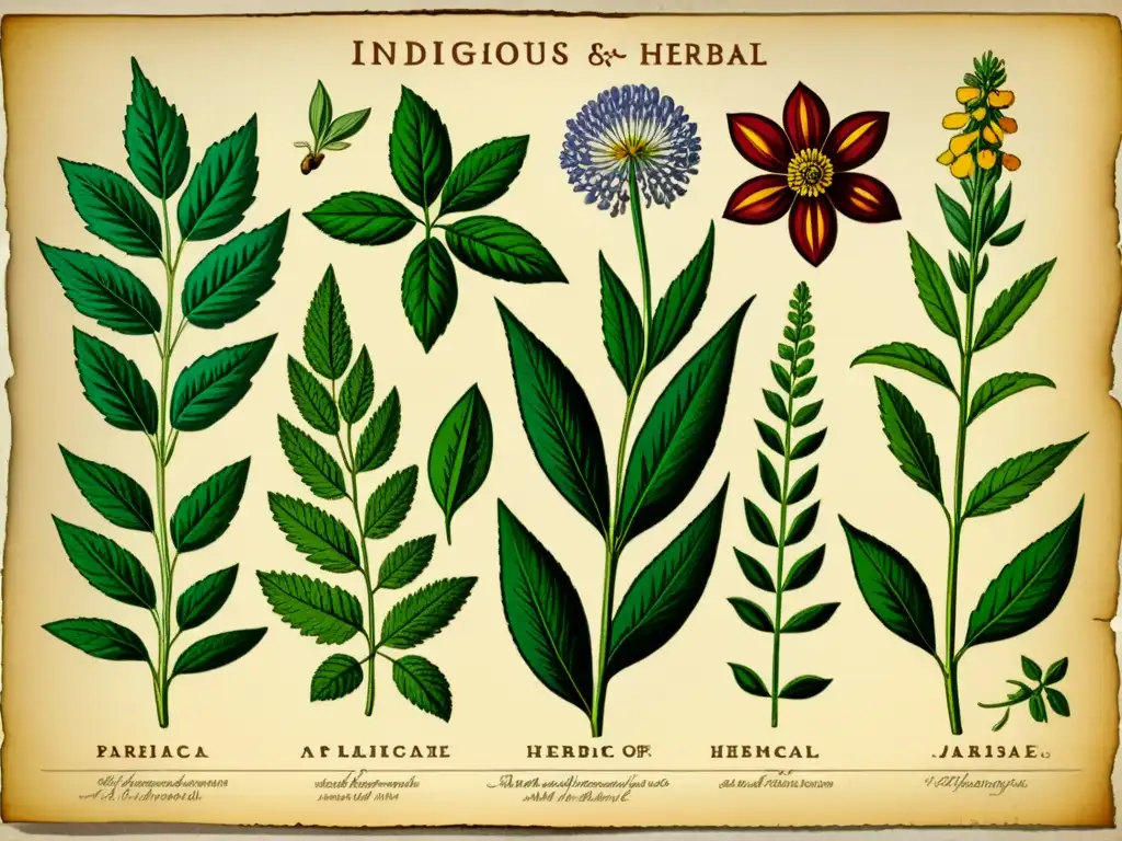 Una ilustración botánica vintage de plantas autóctonas utilizadas en fitoterapia tradicional, detallada y colorida sobre un fondo envejecido