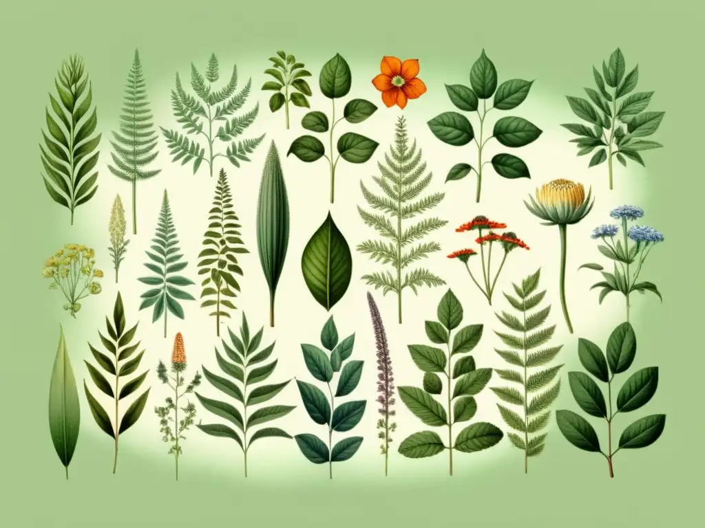 Una ilustración vintage de plantas diversas, detallada y delicada