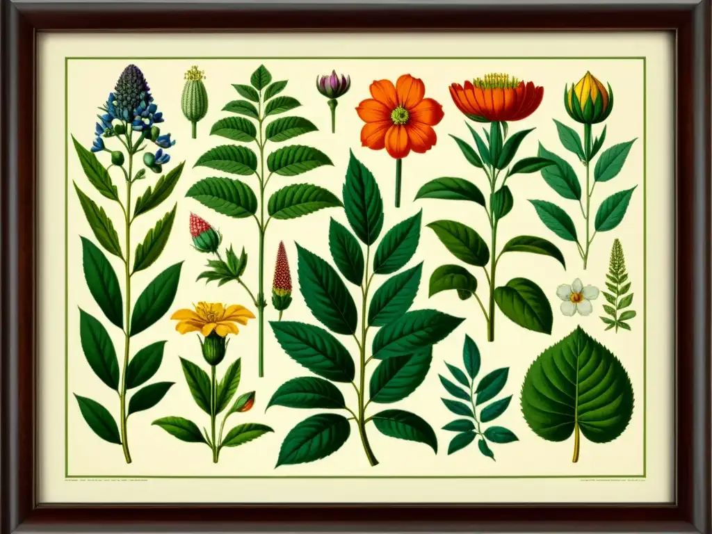 Una ilustración vintage de plantas y flores detalladas con colores vibrantes y precisión realista, resaltando la importancia de la etnobotánica global