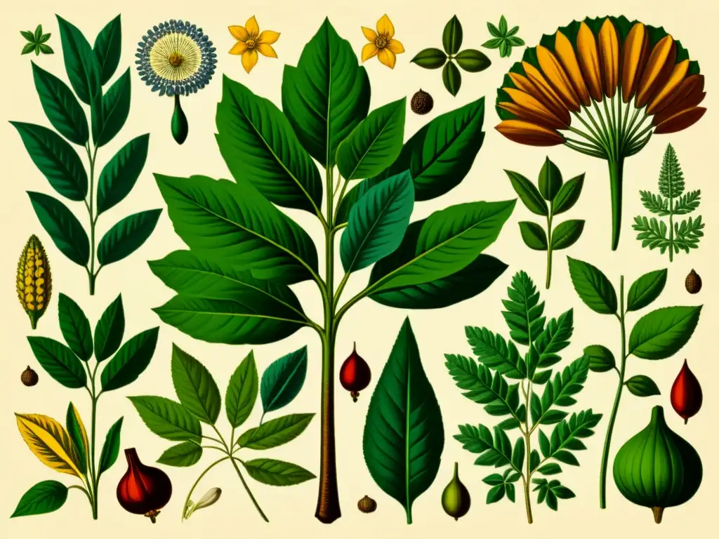 Una ilustración vintage de plantas medicinales africanas, con detalles detallados de hojas, flores y raíces en colores cálidos y líneas intrincadas, evocando la sabiduría y herencia atemporal de la historia de las plantas medicinales africanas