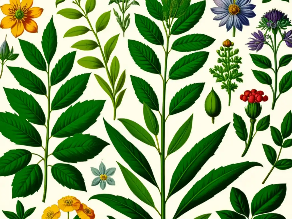 Ilustración vintage de plantas medicinales con aplicaciones móviles, detallada y colorida, evocando la belleza natural y la historia