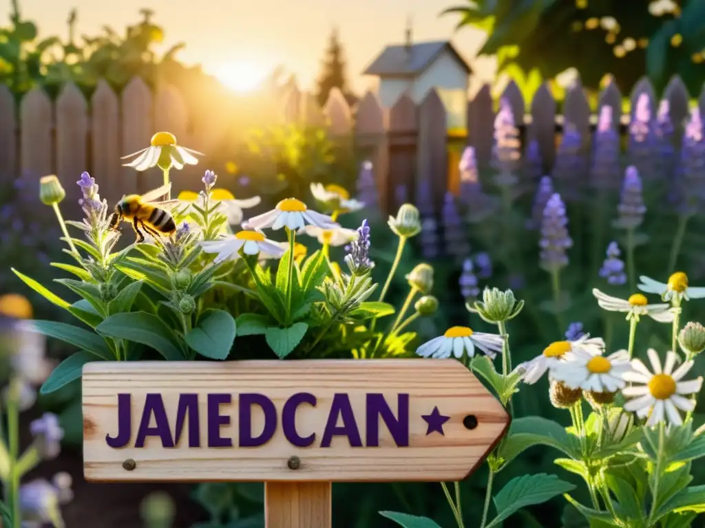 Jardín de plantas medicinales al atardecer, con lavanda, manzanilla y menta