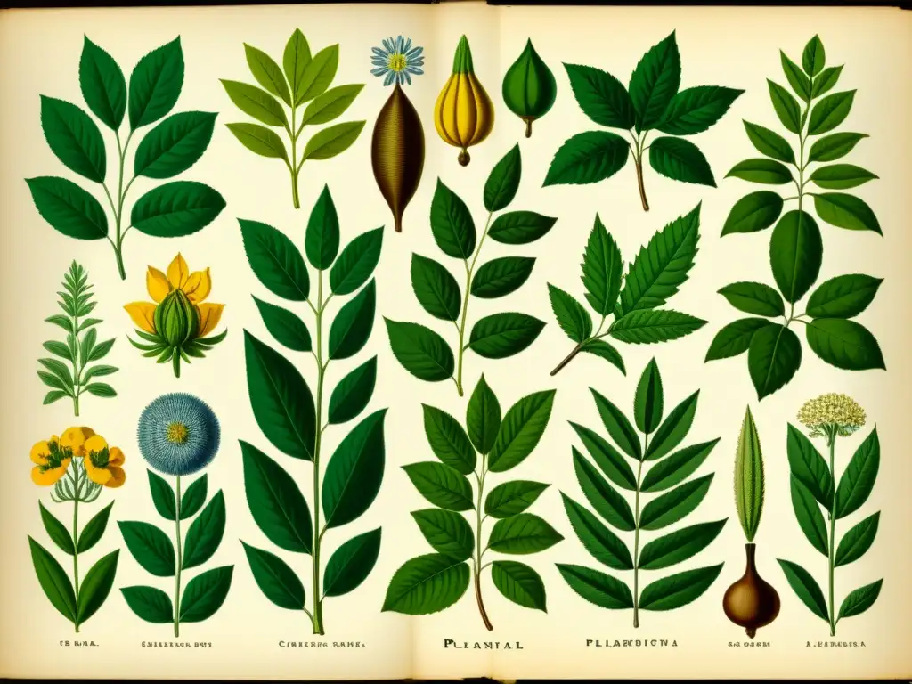 Una ilustración vintage de plantas medicinales de diferentes culturas, rica en tonos cálidos y conocimiento ancestral