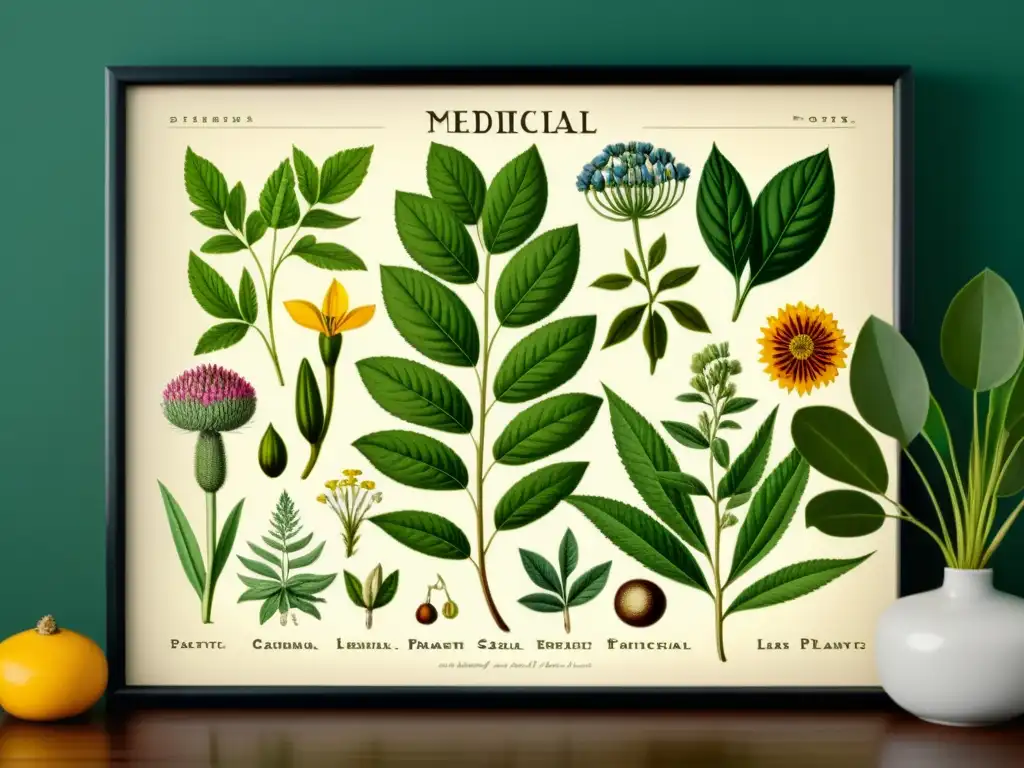 Una ilustración vintage de plantas medicinales, detallada y colorida