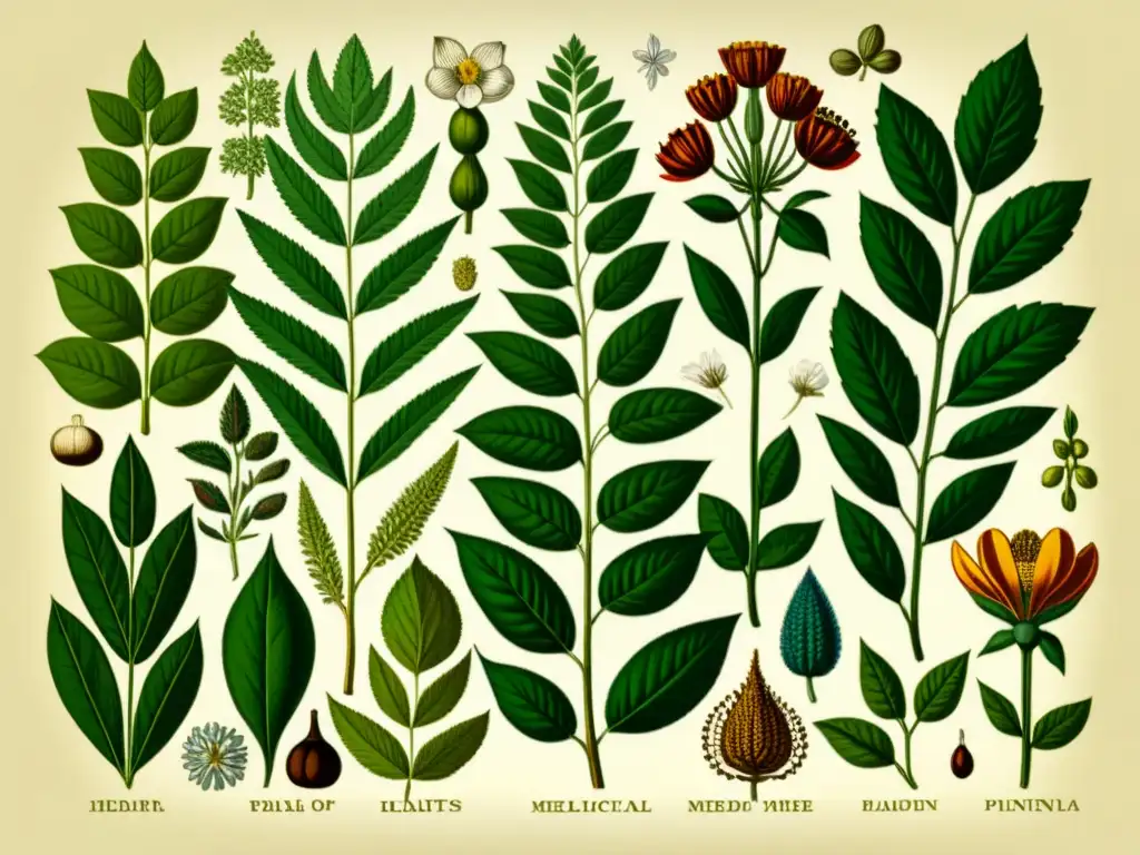 Ilustración vintage de plantas medicinales, detallada y rica en tonos terrosos