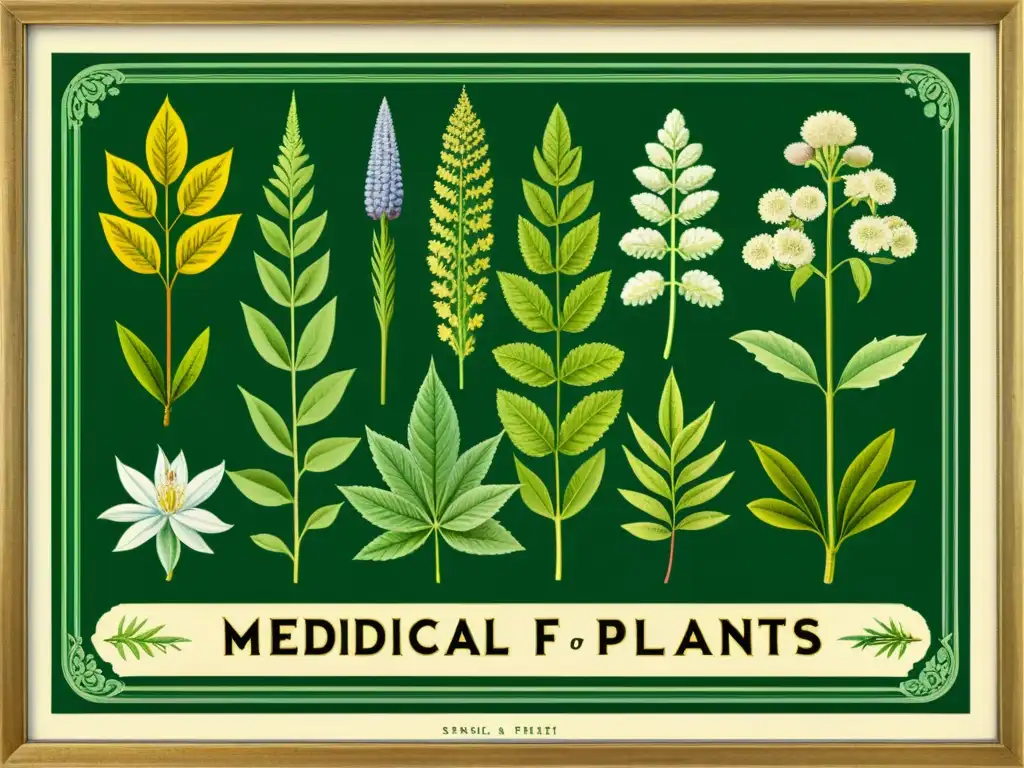 Una ilustración vintage de plantas medicinales detalladas en un bosque exuberante