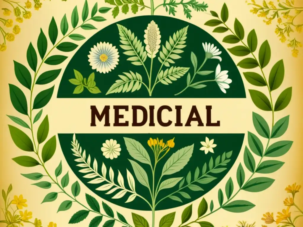 Una ilustración vintage de plantas medicinales detalladas, con una cálida paleta de colores que evoca tradición y una historia rica