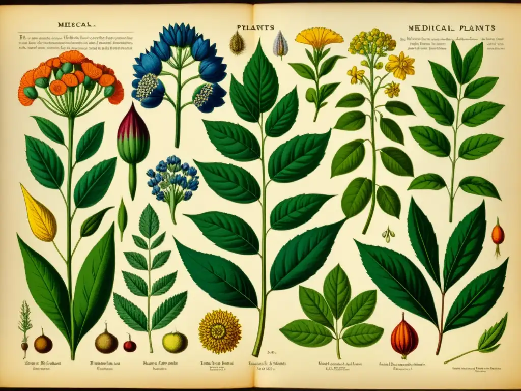 Una ilustración vintage de plantas medicinales detalladas con colores vibrantes, sobre pergamino envejecido