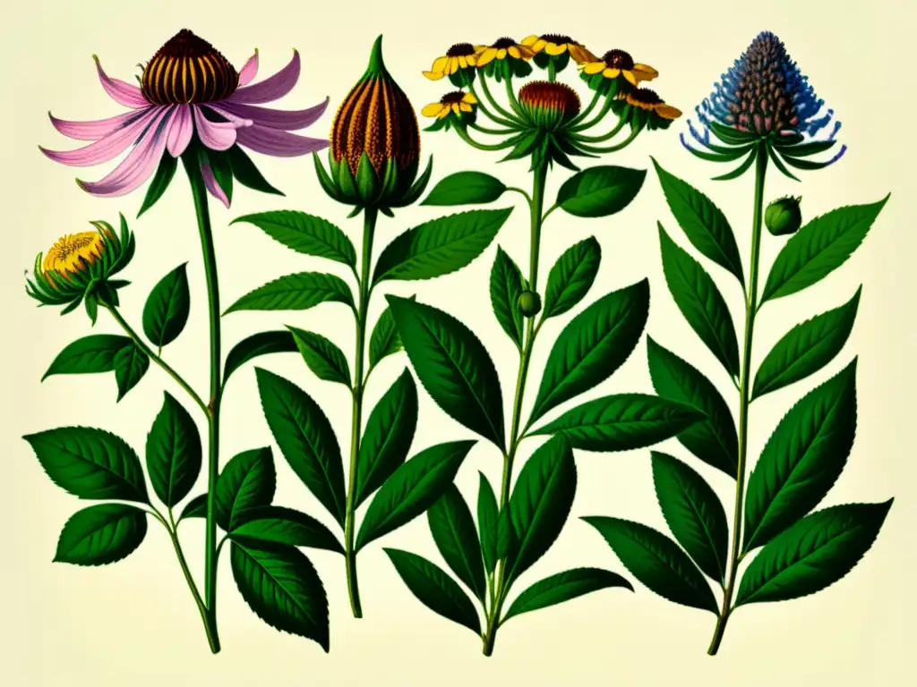 Una ilustración vintage de plantas medicinales detalladas con elegante caligrafía, mostrando contraindicaciones y usos tradicionales