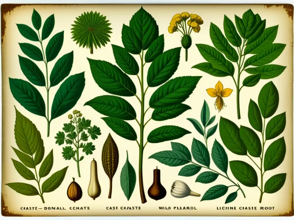 Una ilustración vintage de plantas medicinales, con detalladas representaciones de sus hojas, flores y raíces