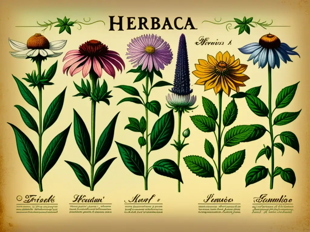 Una ilustración vintage de plantas medicinales detalladas, evocando sabiduría natural y la keyword 'Fitoterapia en programas saludables'