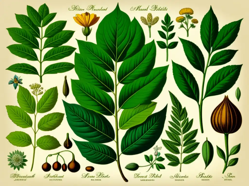 Una ilustración vintage de plantas medicinales detalladas, con tonos terrosos y líneas delicadas que evocan historia y exploración científica