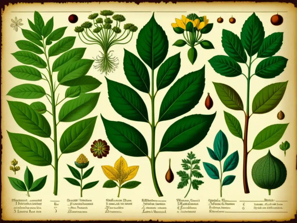 Ilustración vintage de plantas medicinales con detalles precisos y tonos terrosos