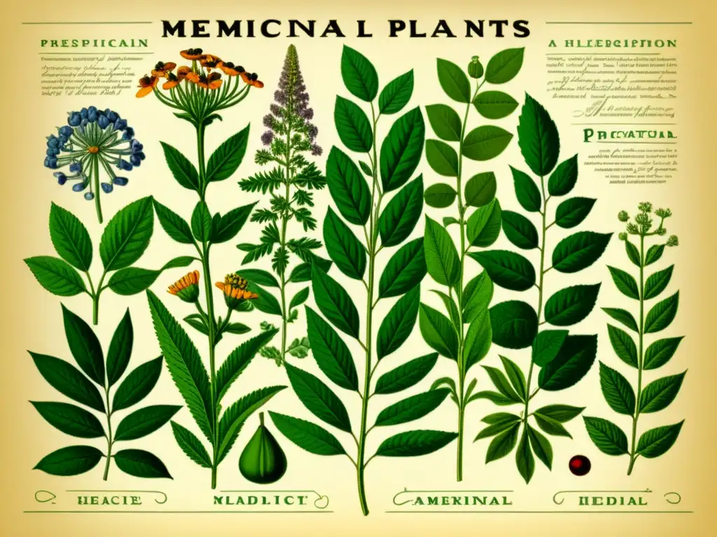 Una ilustración botánica vintage muestra plantas medicinales entrelazadas con medicamentos, destacando la compleja relación entre remedios naturales y farmacéuticos