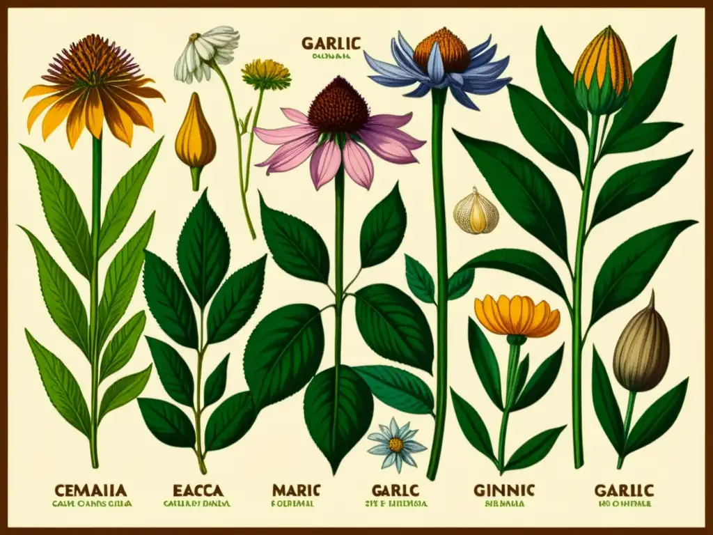 Ilustración vintage de plantas medicinales como equinácea, ajo, jengibre y cúrcuma que estimulan el sistema inmunológico