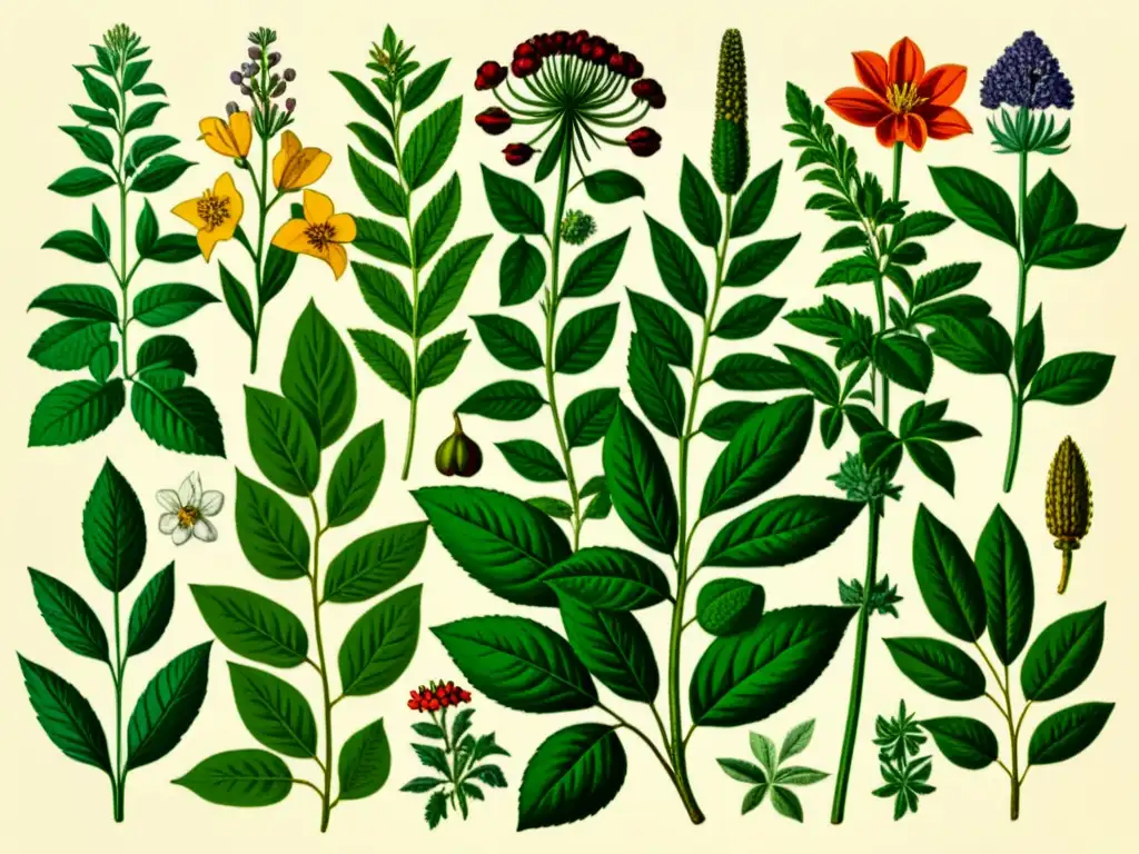 Vintage ilustración botánica de plantas medicinales, capturando la esencia del conocimiento herbal y la digitalización en línea