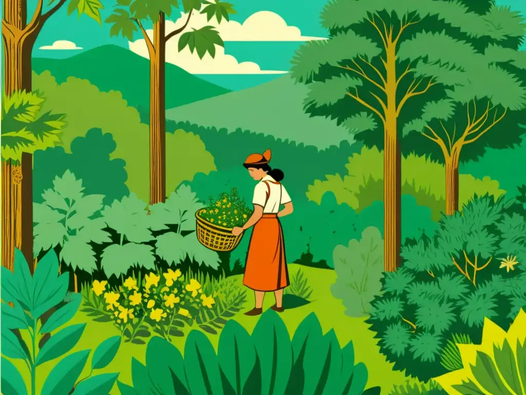 Una ilustración vintage de recolección ética de plantas medicinales en un exuberante bosque