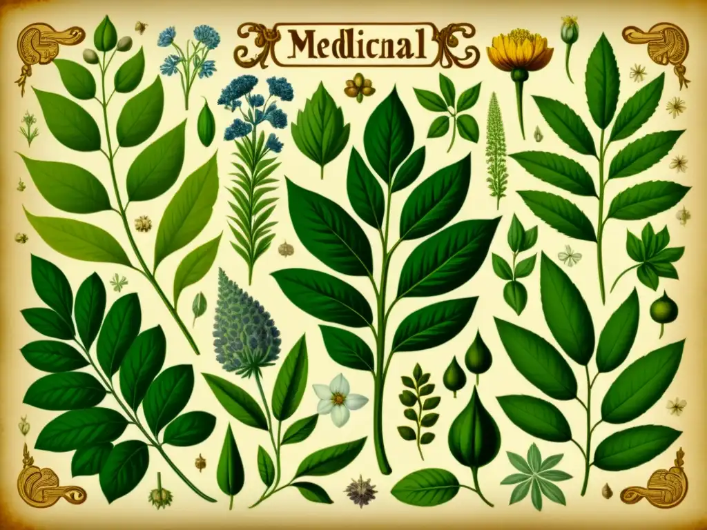 Una ilustración vintage de plantas medicinales en la farmacopea, con detalles botánicos en un diseño ornamental sobre pergamino antiguo