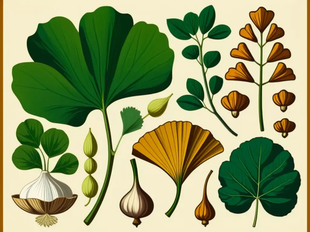 Una ilustración vintage de plantas medicinales como el ginkgo, el ajo y el jengibre en tonos cálidos y tierra sobre pergamino envejecido