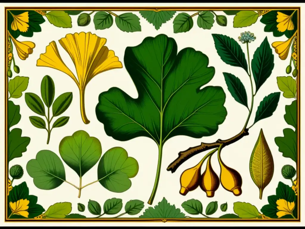 Una ilustración vintage de plantas medicinales, como ginkgo, jengibre y cúrcuma, en un estilo botánico detallado