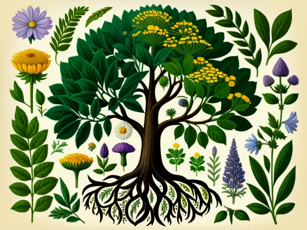 Una ilustración vintage de plantas medicinales de la historia, detalladas y coloridas, con un roble majestuoso en el centro