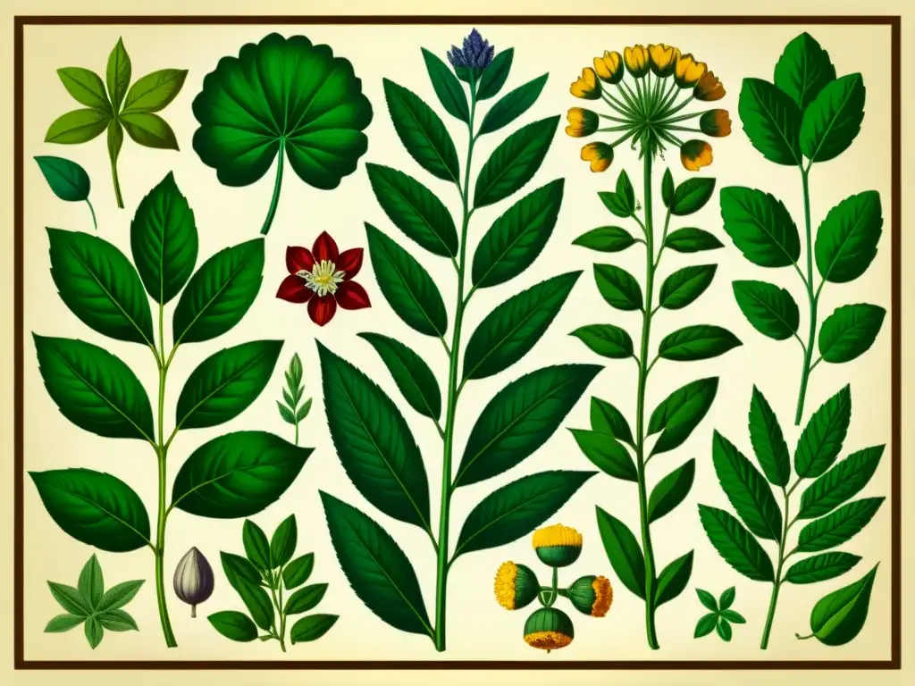 Ilustración vintage de plantas medicinales, integración farmacología occidental medicina tradicional, detallada y colorida