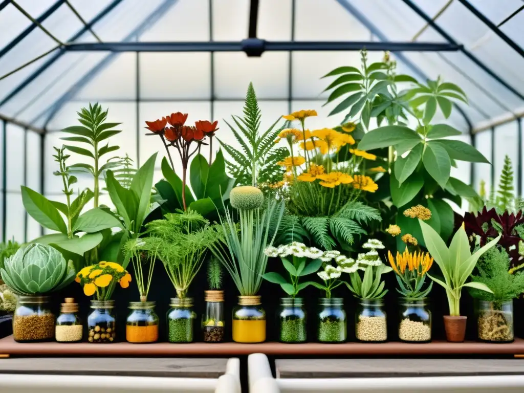 Una ilustración vintage de plantas medicinales en un invernadero de vidrio, resaltando la preservación en bancos de germoplasma