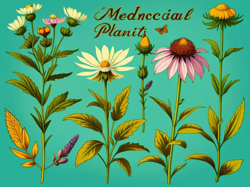 Una ilustración vintage de plantas medicinales como lavanda, manzanilla y equinácea, perfecta para el cultivo de plantas medicinales en casa