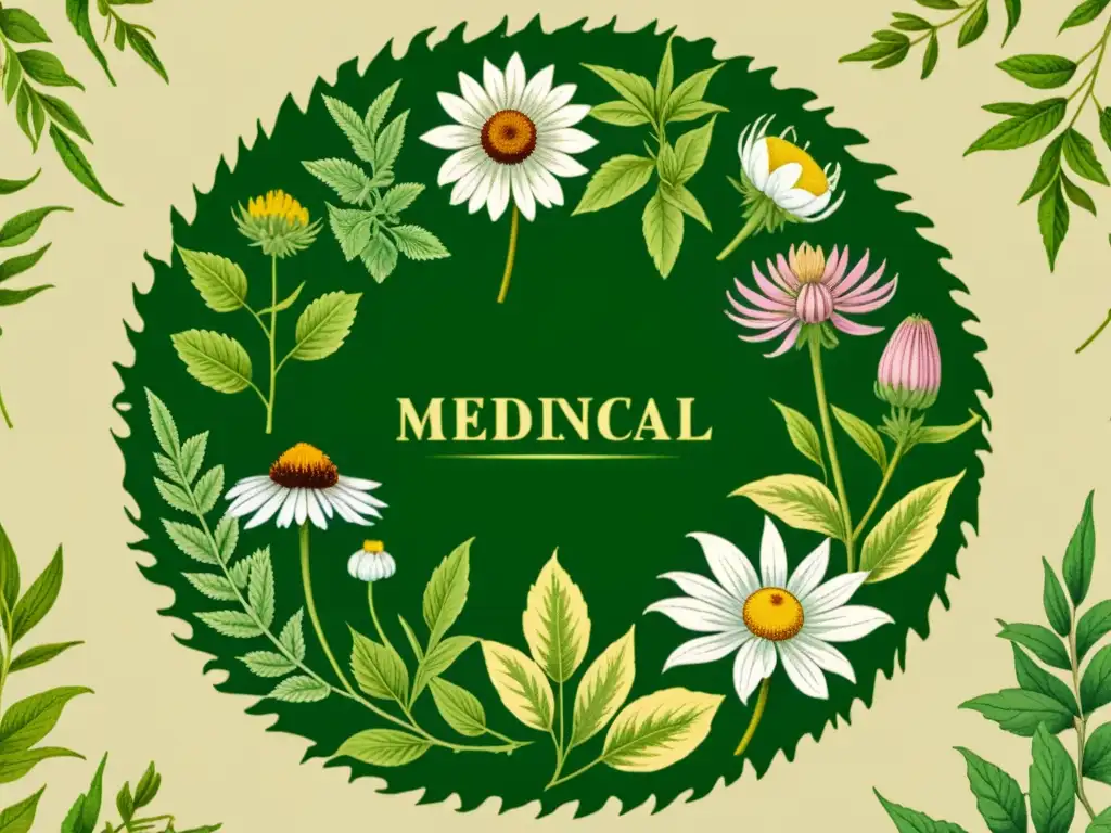 Botánica vintage con plantas medicinales como echinacea, ginseng y manzanilla