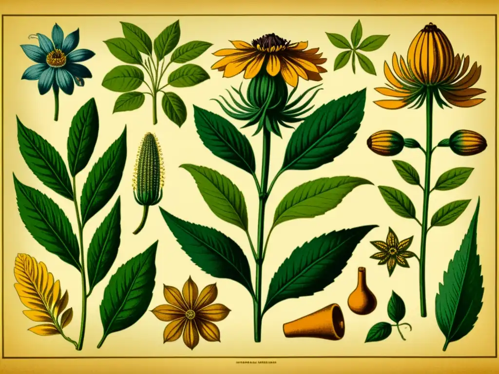 Ilustración botánica vintage de plantas medicinales milenarias como el ginseng, la cúrcuma y la equinácea