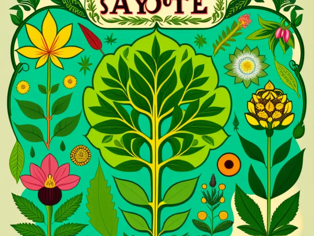 Una ilustración vintage de plantas medicinales sagradas, como peyote, ayahuasca y cannabis, detallada y colorida en un jardín místico