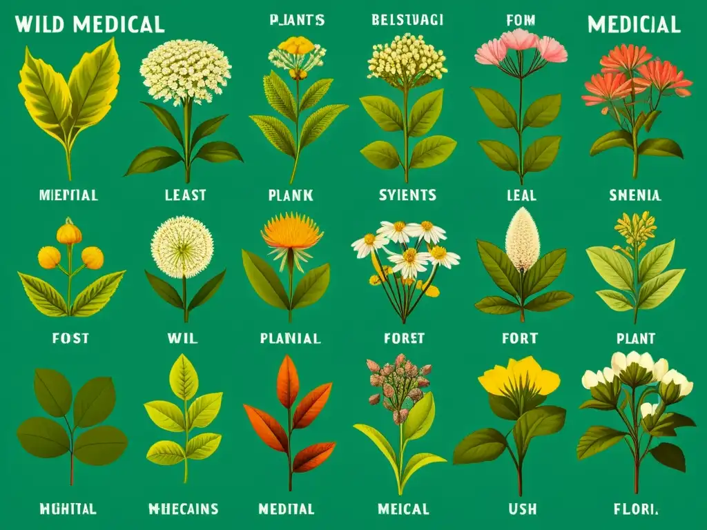 Una ilustración botánica de plantas medicinales silvestres, detallada y vibrante, capturando la rica biodiversidad del bosque