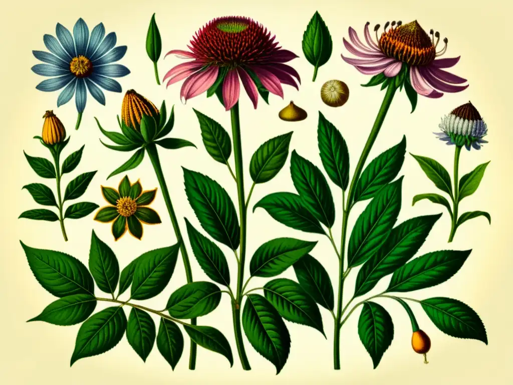 Una ilustración vintage de plantas medicinales para el sistema inmunológico, con detalles botánicos y un ambiente histórico